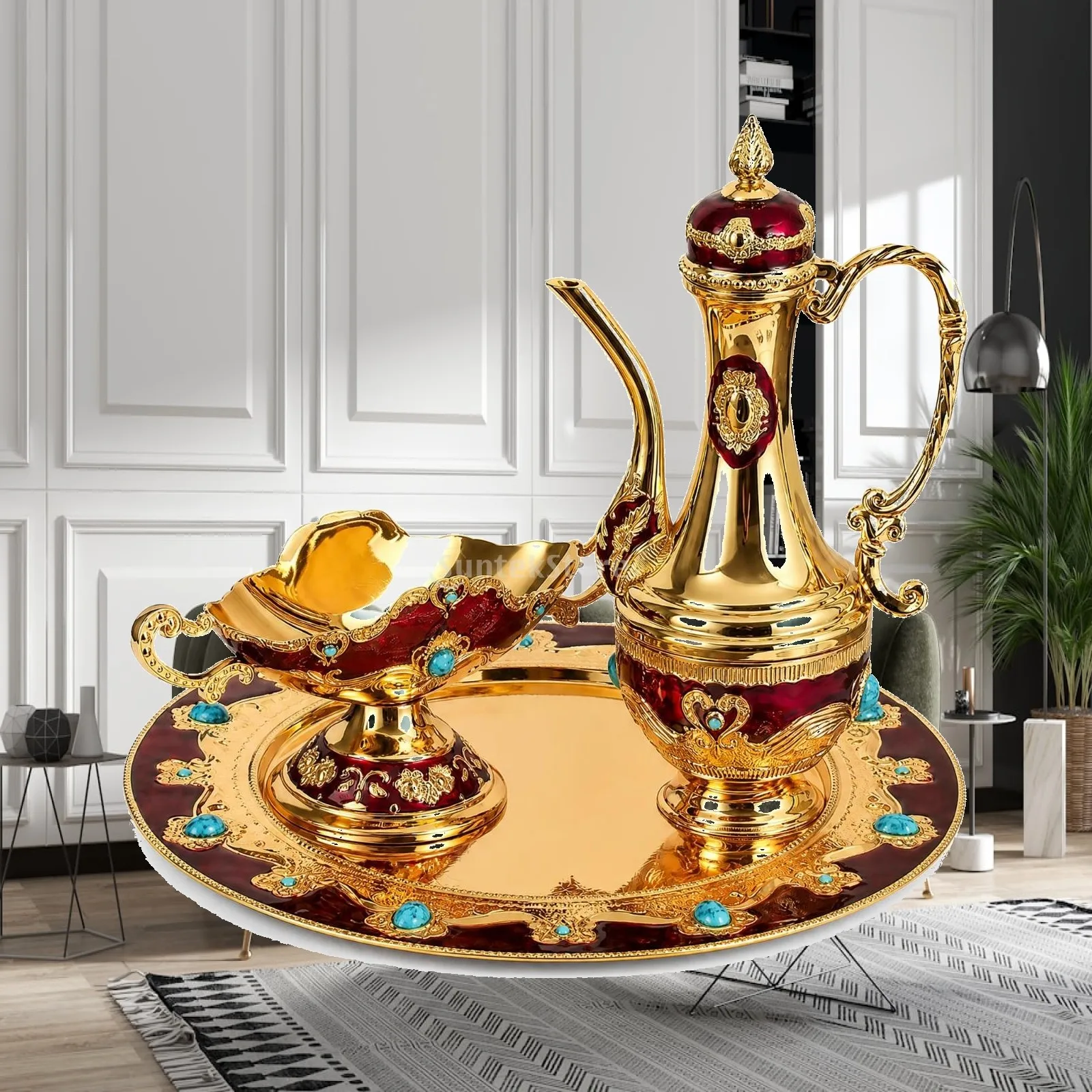 Ornate Zinc Alloy Drink Serving Set with Round Tray and Turquoise Accents for Special Occasion Table Decor
