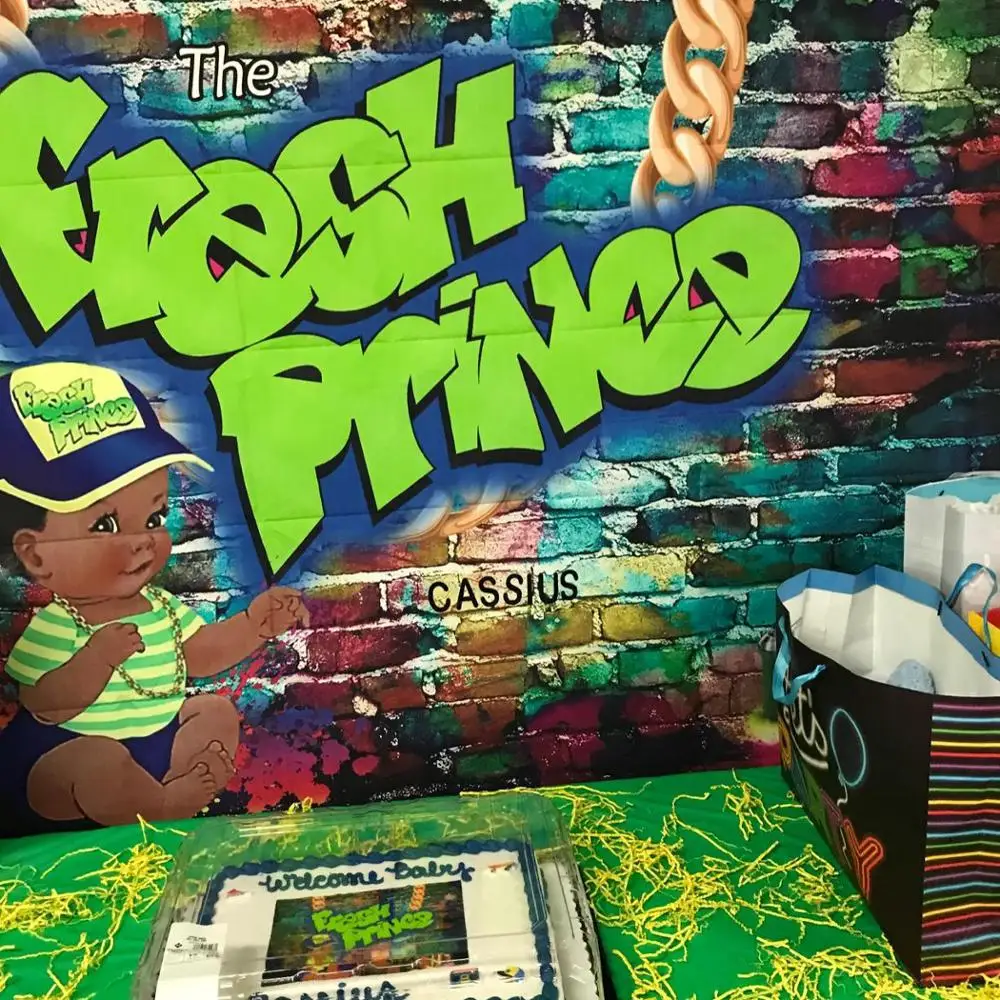 Mocsicka Fresh Prince Baby Shower Backdrop Graffiti Wall Hip Hop Background Throwback 90s Baby Shower Party Banner