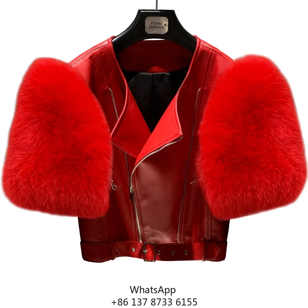 

Urban Style Fur Jackets Unique Design Fox Hair Sleeve Jacket Girls Jacket Leather Premium