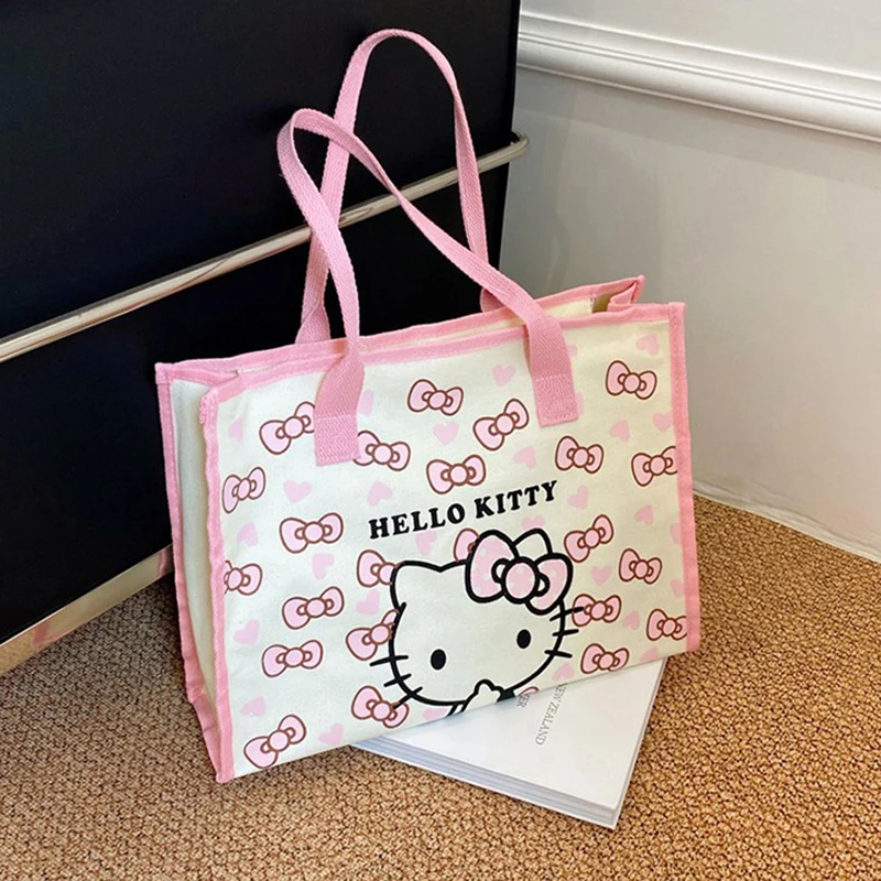 Hello Kitty All Match Canvas Bag Women Commuter Shoulder Handbag Girl Student Large Capacity Cartoon Schoolbag