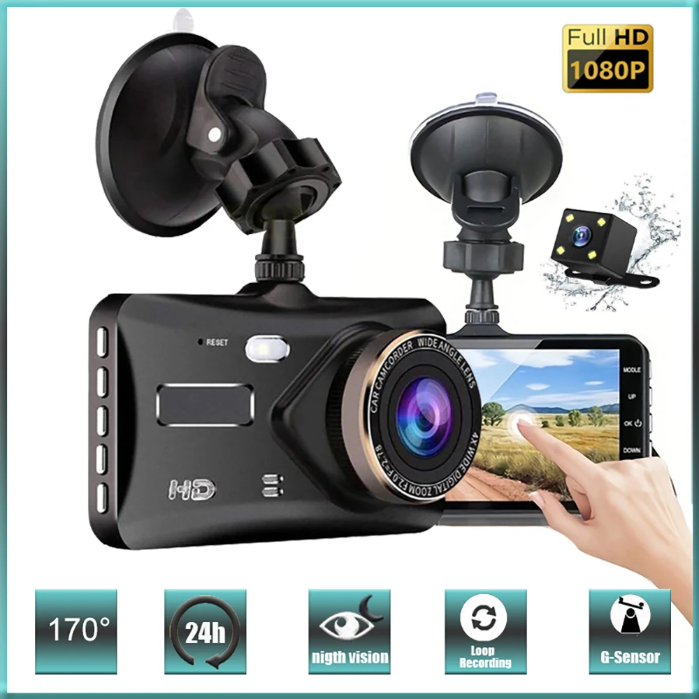 HD 1080P 4 인치 터치 스크린 IPS 대시 캠, 전면 및 후면 카메라, 자동차 DVR, 차량 블랙박스, 나이트 비전, 드라이버 비디오 녹음기, 24h 