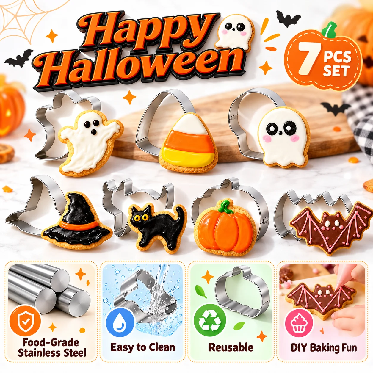 7-teiliges Halloween-Ausstechformen-Set, lebensmittelechter Edelstahl, Kürbis-, Geister-, Fledermaus- und Totenkopfformen, glatte Kanten, für DIY-Backen zu Hause – Detail 5