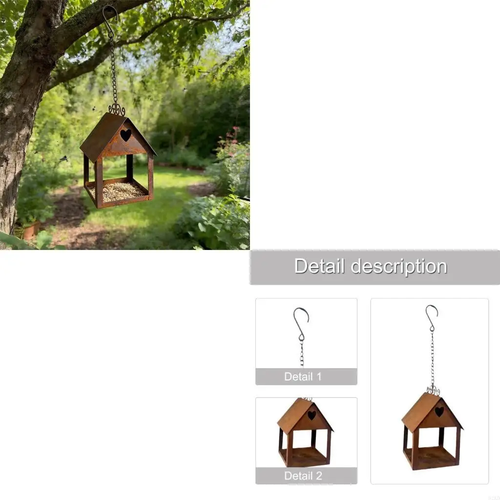 62KD Distressed Iron Heart Design Bird Feeder Shelter House For Wild Bird Observation Yard Balcony Hanging Feeding Station