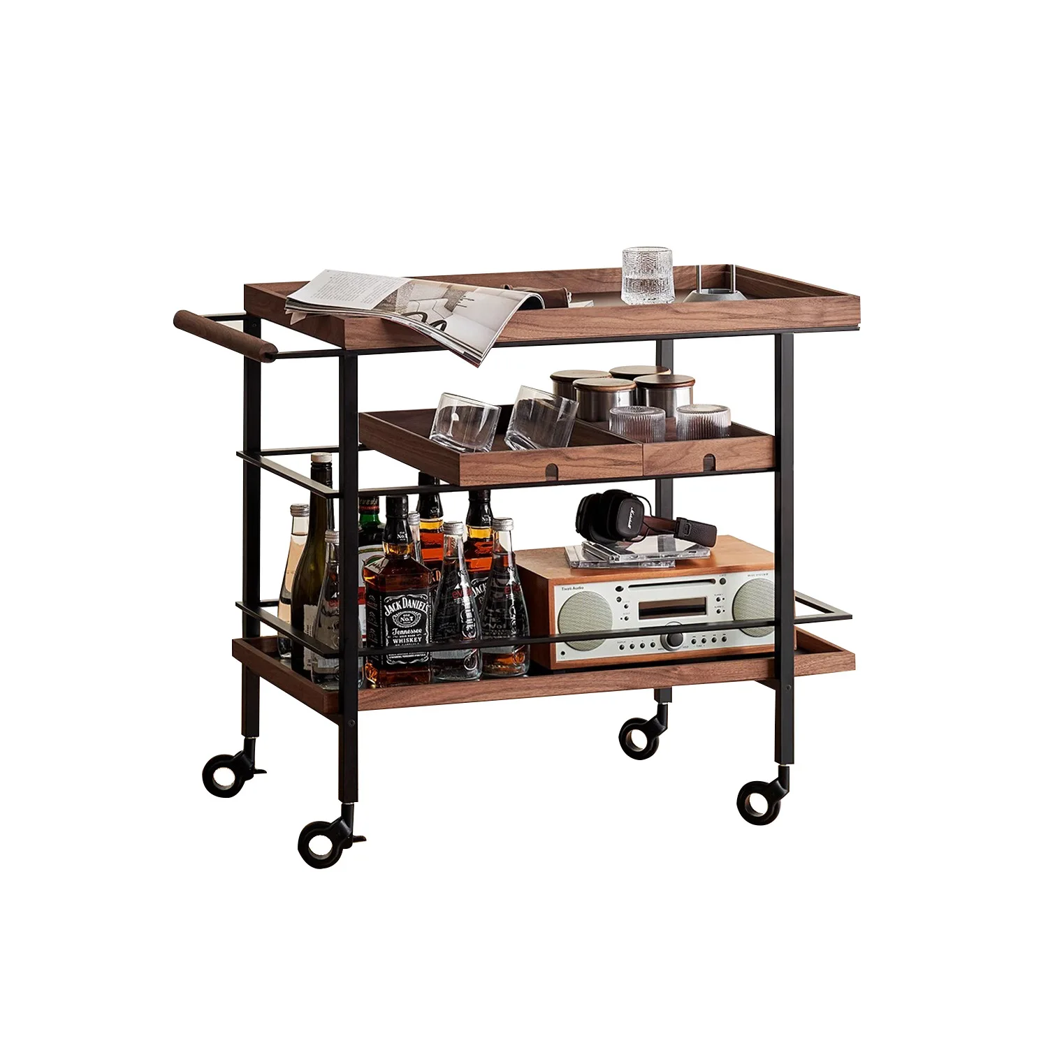 

Light luxury retro black walnut, solid wood storage coffee table, movable side table