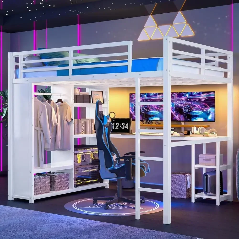 Queen Size Metal Bed with Built-in Wardrobe, Desk, and Storage for Kids, Teens, and Adults in White