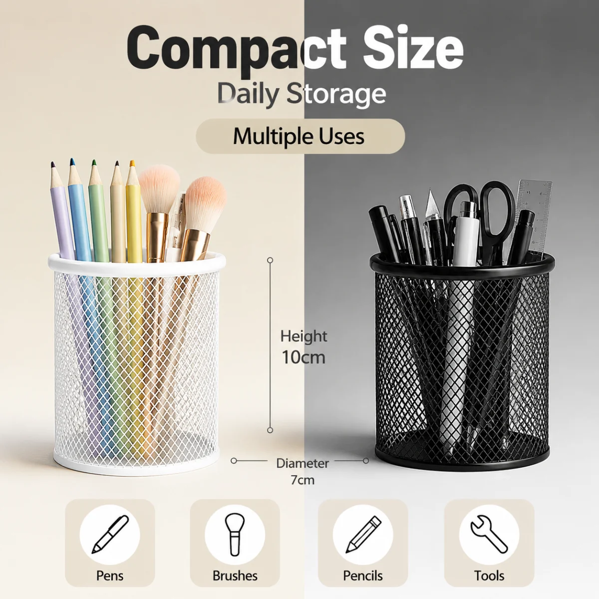 Metal Mesh Pen Holder Round Pencil Cup Desk Organizer Black White for Office School Students Art Supplies Makeup Brush Storage