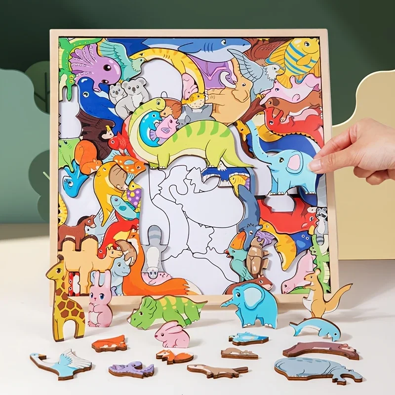 木製ジグソーパズル-幼児用パズル-漫画動物マッチングパズルボード-早期学習-微細運動能力向上-モンテッソーリおもちゃ
