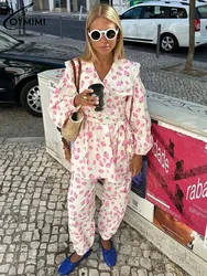 Oymimi Casual Roze Print 2 Delige Sets Damesoutfit Elegant Kanten Pols Mouw Peter Pan Kraag Shirts En Enkellange Broeksets