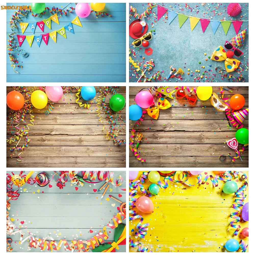

Colorful Balloons Ribbon Wooden Board Planks Party Baby Photography Background Photo Backdrops Photocall Photo Studio