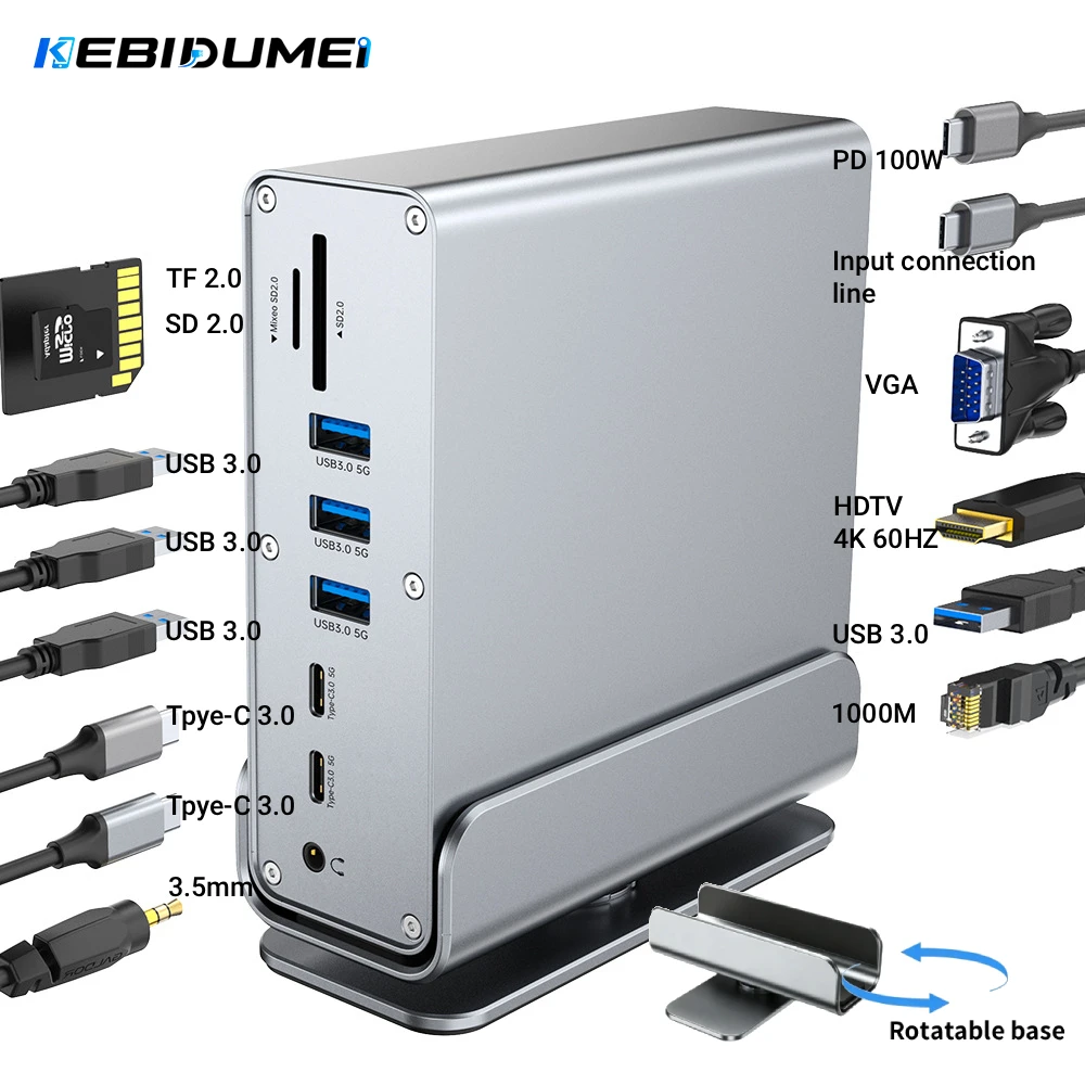 

KEBIDUMEI 15 IN 1/13 IN 1 USB-C Docking Station 4K60Hz HDTV HUB RJ45 1000M USB 3.0 PD100W SD/TF Audio 3.5 for Macbook Laptop