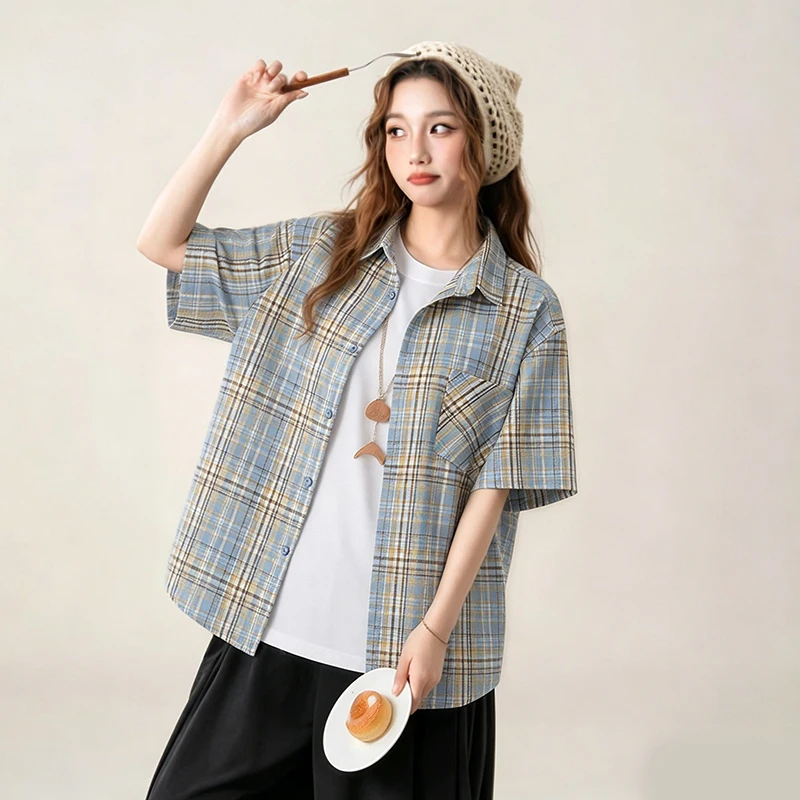 Y2K New Summer Collection Blue Yellow Plaid Short Sleeve Shirt Women Retro Oversized Casual Blouse Short-sleeve Shirt