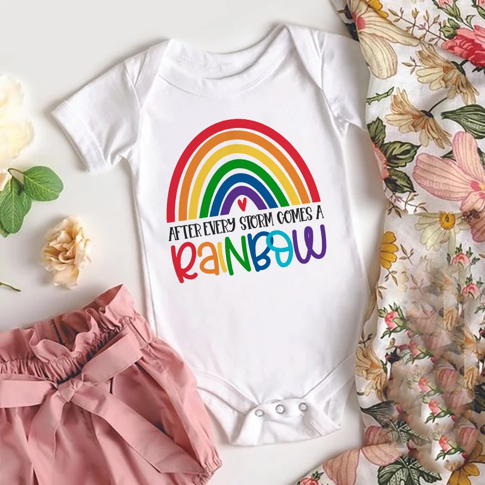 After Every Storm Comes A Rainbow Toddler Baby Summer Rompers Boys Girls Rainbow Bodysuit Short Sleeve Infant Clothes Ropa