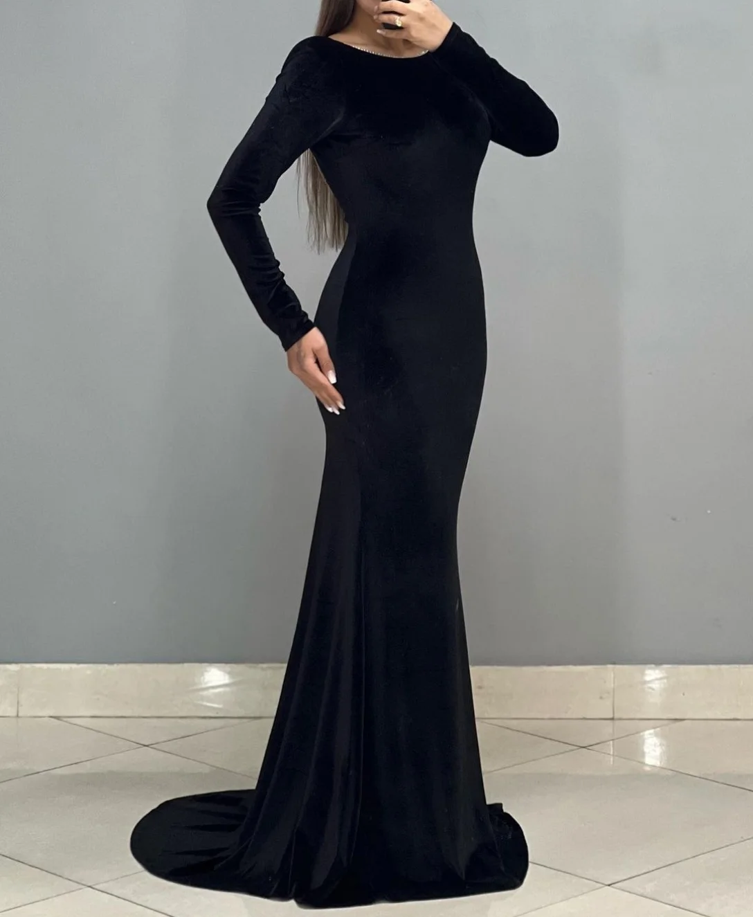 Customized Elegant Long Royal Blue Evening Dresses Mermaid Beaded O-Neck Velvet Black Sweep Train Zipper Prom Dress for Women image 3