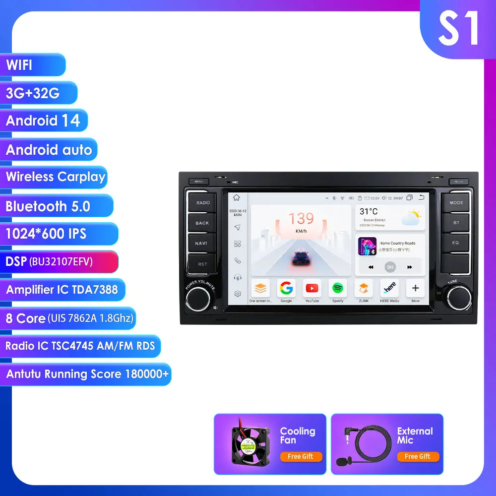 Carplay DSP 7 ''2Din Android 14 Autoradio GPS voor VW Volkswagen Touareg Transporter T5 Multivan Naviagtion Speler audio WIFI DVD