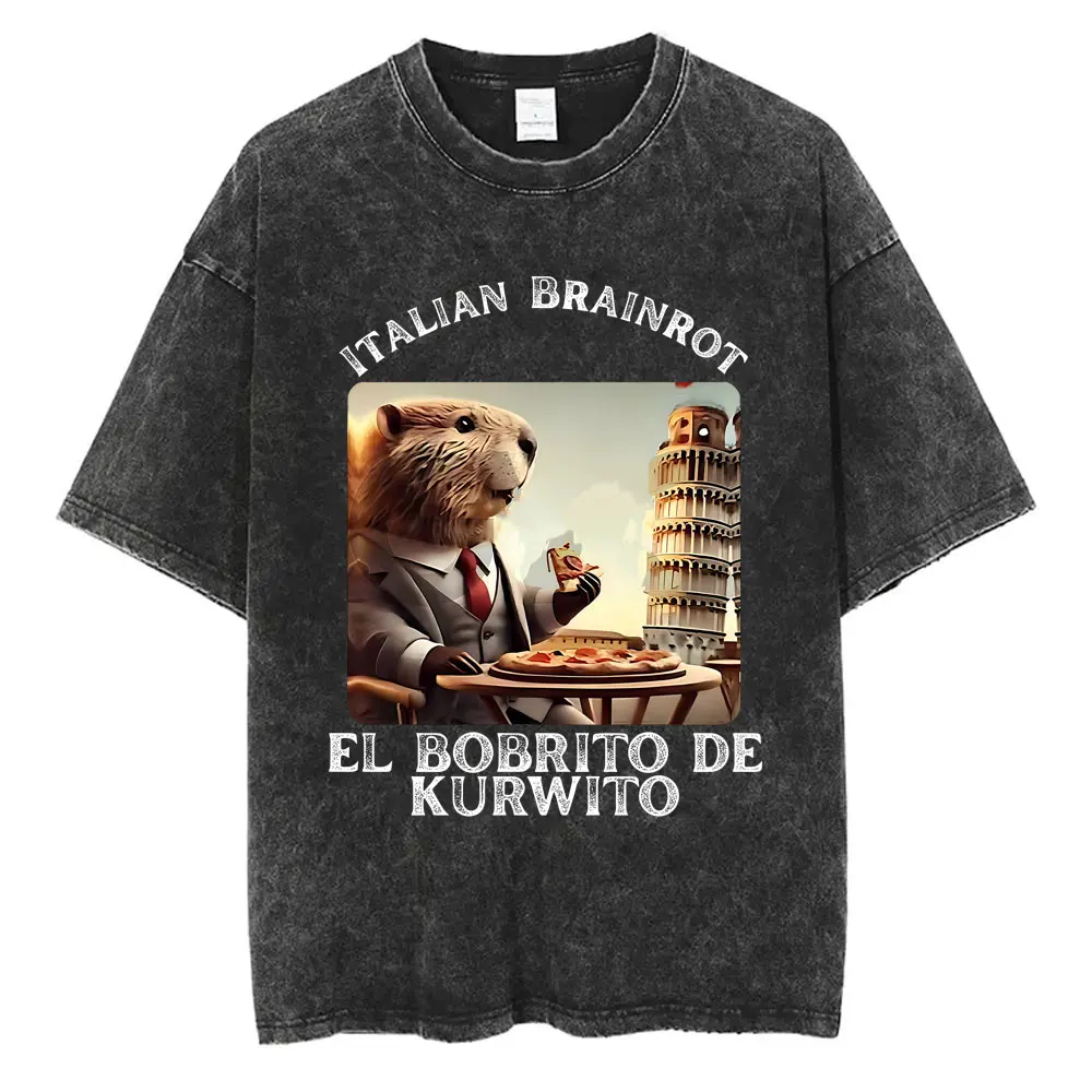 

Italian Brainrot El Bobrito De Kurwito Funny Meme Vintage Washed T-shirt Men Women Casual Joke Humor Tshirt Male Vintage Tees