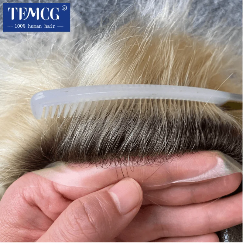 Ombre Microskin Male Hair Prosthesis 0.08MM Double Knotted 100% Human Hair Men's Capillary Prothesis Toupee Men Wigs For Man