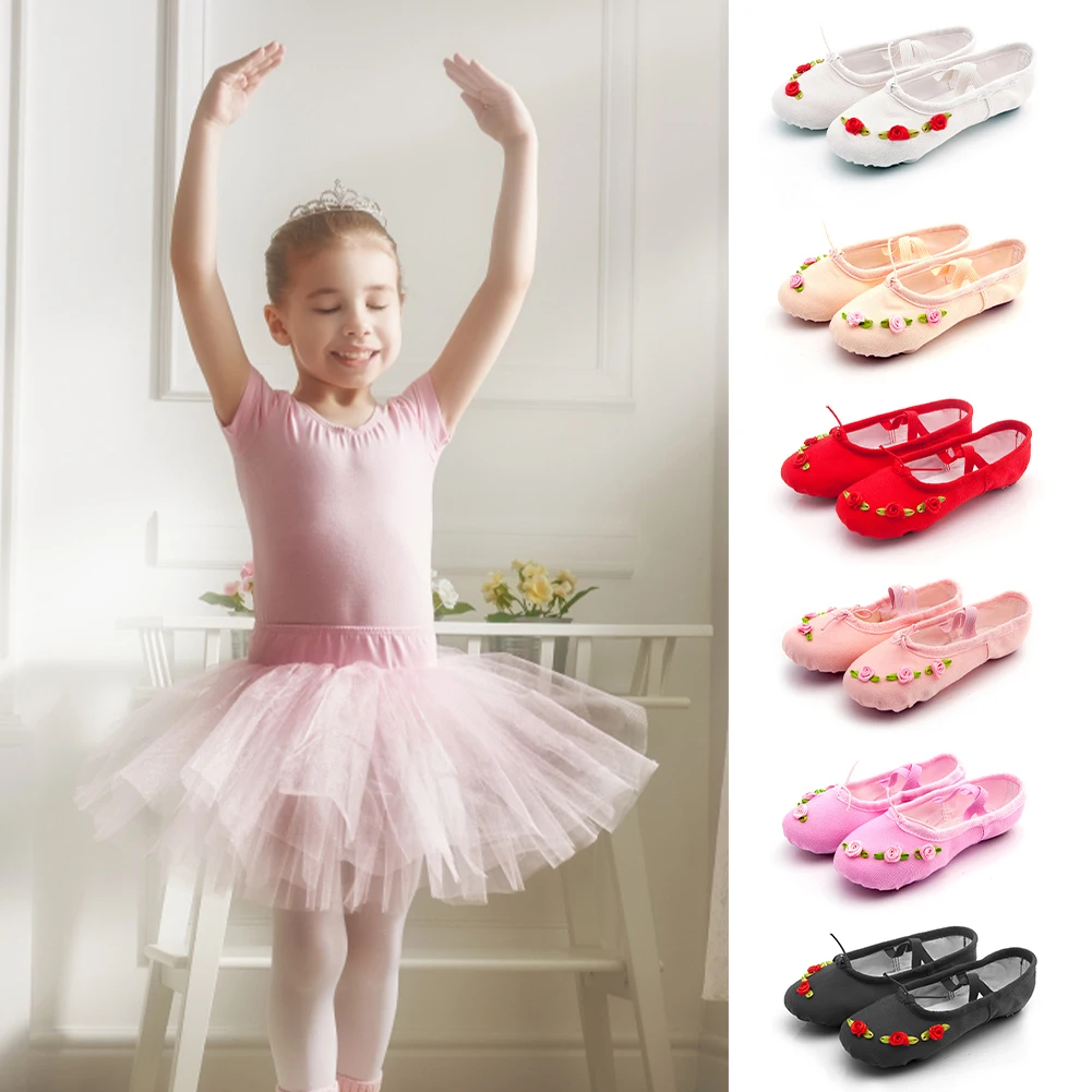 Girls' Satin Practice Ballet Shoes Soft Bottom Dance Rose Flower Kindergarten Performance Dancing Shoes Zapatillas De Ballet