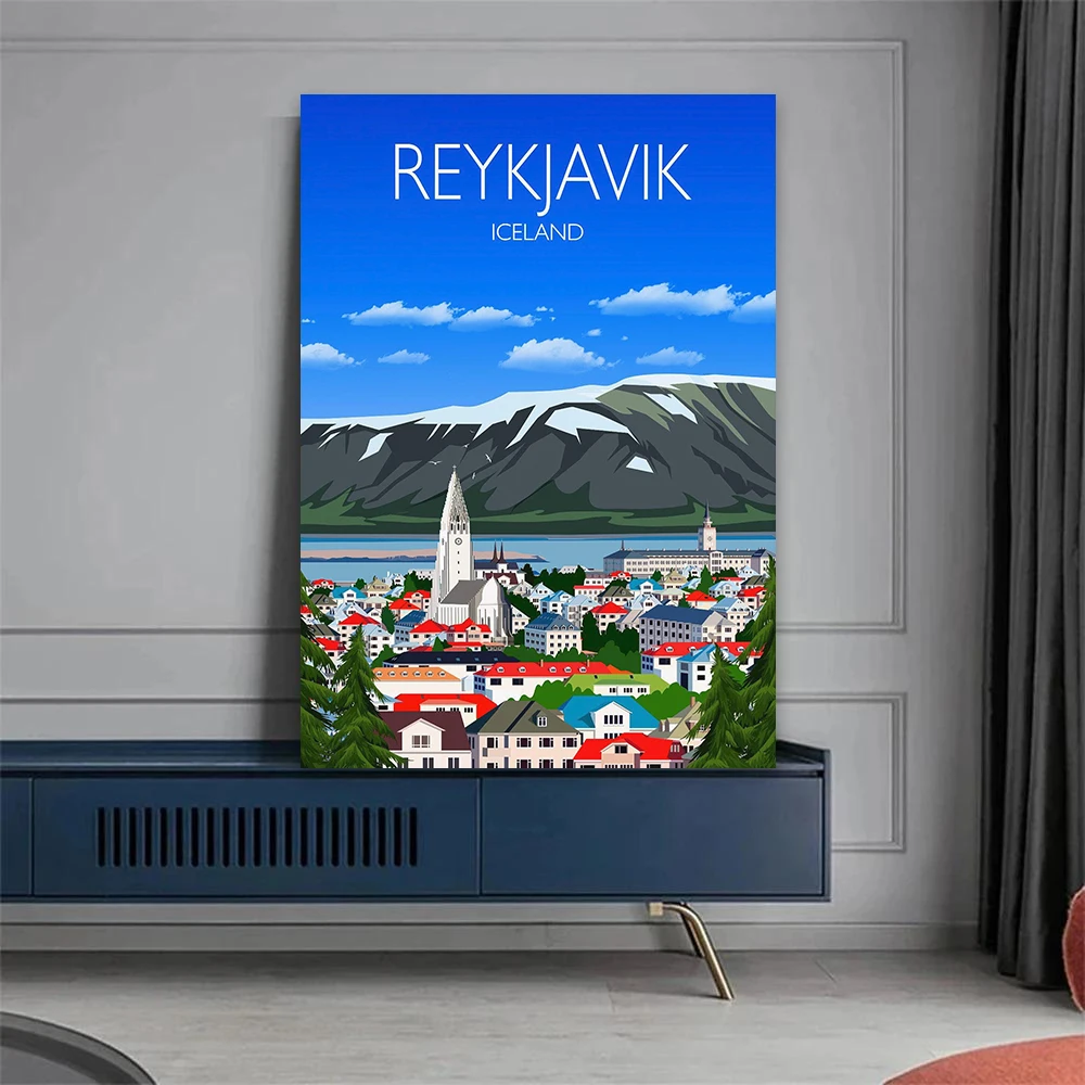ريكجافيك طباعة الجدار ملصق فني أيسلندا المشهد طباعة مدينة الطبيعة ريكجافيك المشهد قماش اللوحة ديكور غرفة نوم المنزل #1