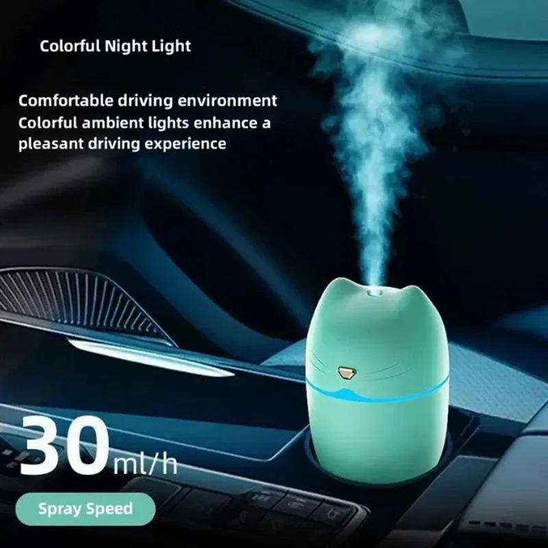 Compact 260ml Cat Ear Design Small Air Humidifier Mist Diffuser, Two Spray Modes with 7 Colors Light Changing for Car Office