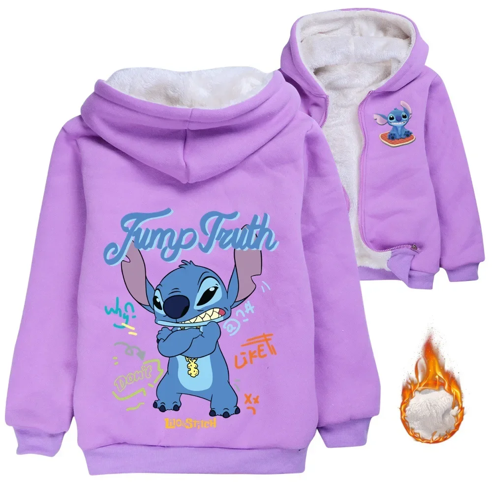 Lilo und Stitch Winter-Fleecejacken für Jungen und Mädchen, Cartoon-Langarmmantel, warme Kinderjacke mit Kapuze, Reißverschluss, Windjacke