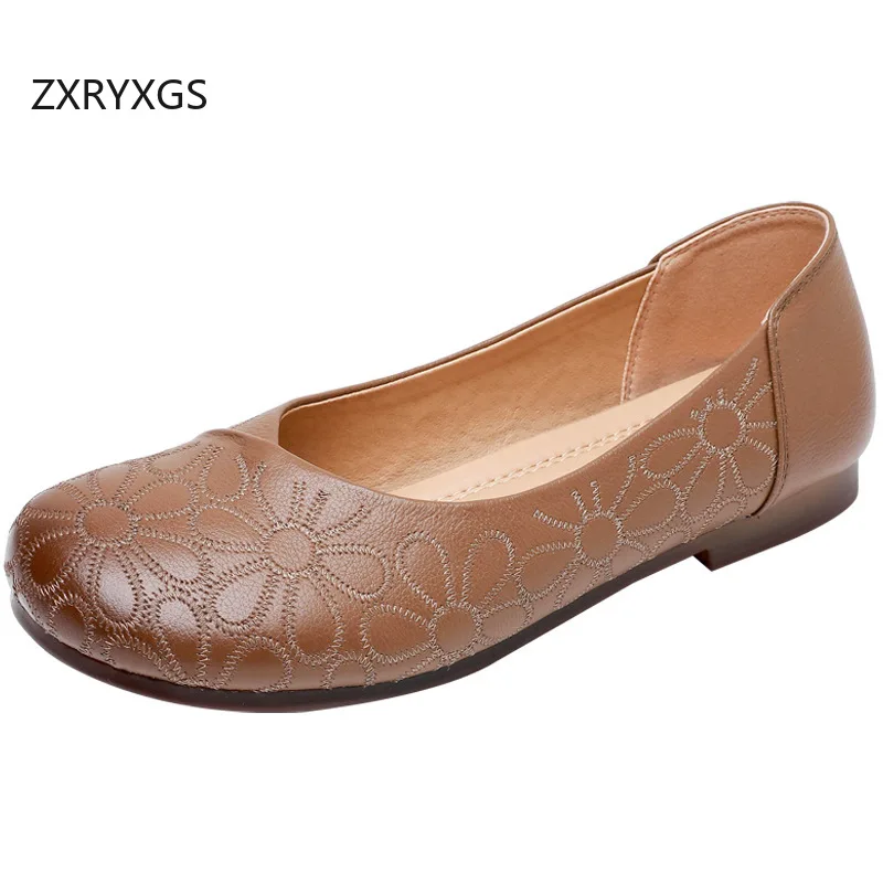 ZXRYXGS Premium Cowhide Embroidered Shoes Woman New Flats 2024 Large Size Comfortable Soft Sole Flat Shoes Fashion Casual Shoes