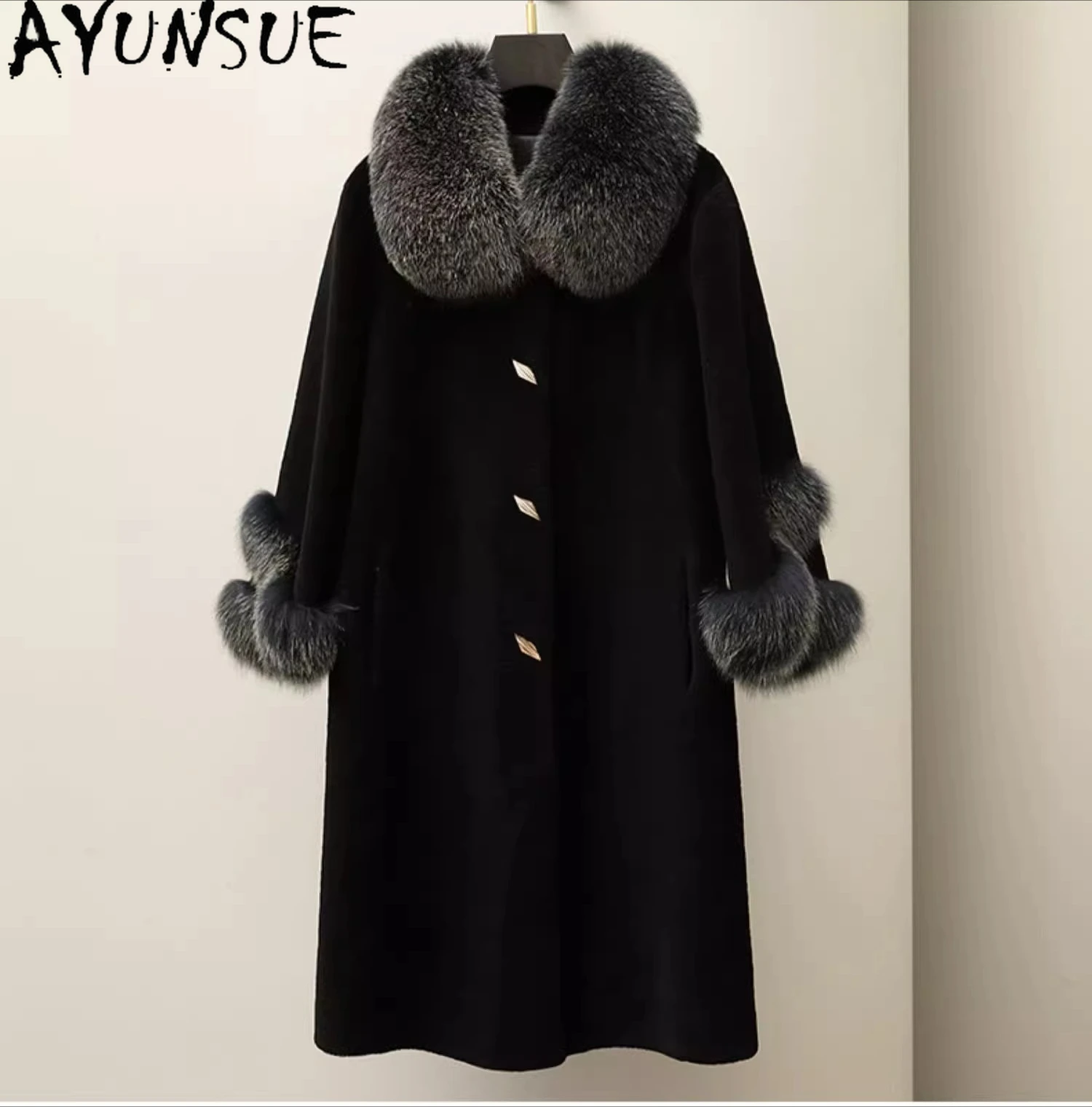 

AYUNSUE Real Sheep Shearing Jacket 100% Wool Coat Women 2025 Winter Clothes Female Fox Fur Collar Composite Fur Пальто Женское
