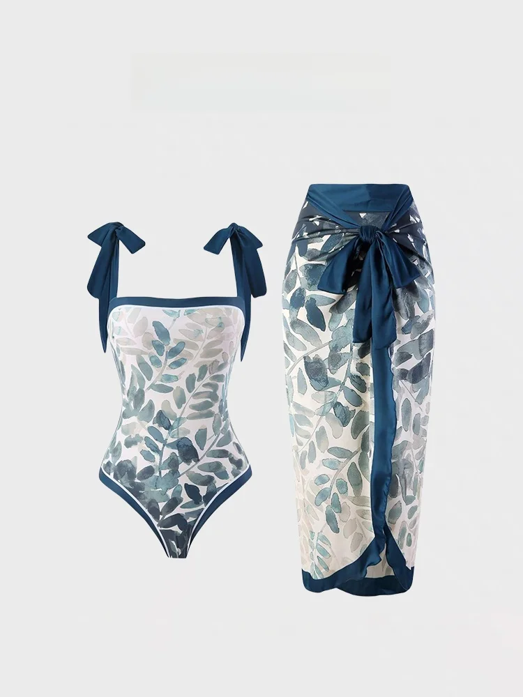 

2024 New Retro One-Piece Swimsuit Women's Hot Spring Vaion Beach Skirt Two-Piece Set Swimsuit Herberly Brand Print Pattern