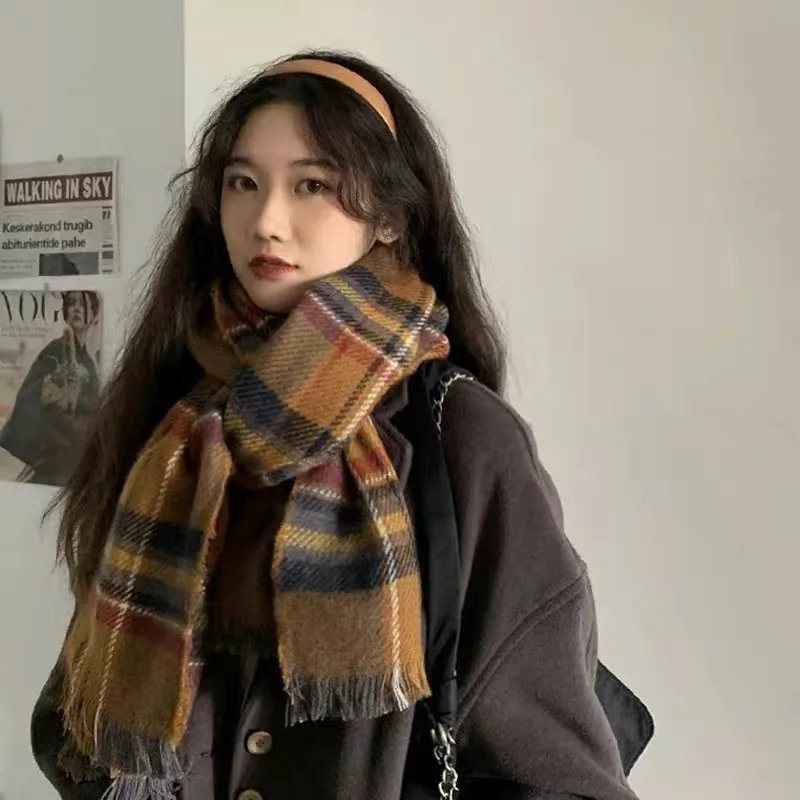 Korean Version Women\'s Scarf Retro Brown Plaid Large Shawl 2022 Winter New Scarves for Female Thicken Cashmere Pashmina Foulard