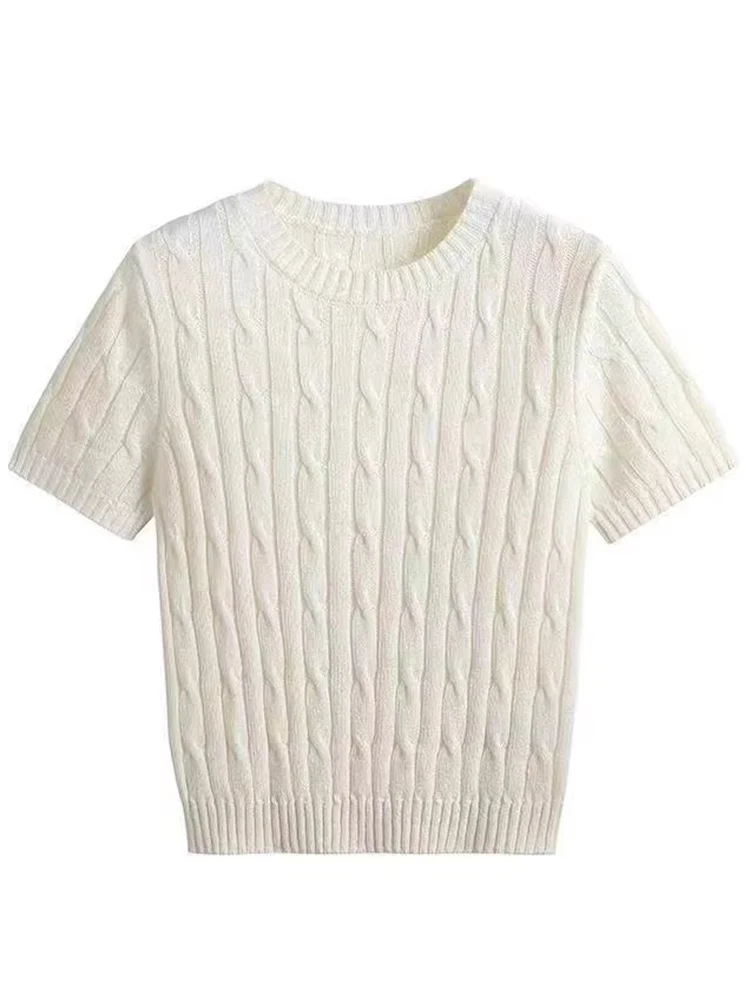 

White Short Sleeve Knitted T-Shirt Women's Summer New Style Retro Twist Soft Design round Neck Shoulder Appropriate Knitwear