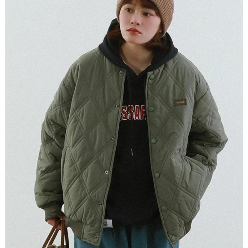 

Autumn and winter short coat women's diamond lattice loose hip-hop stand-up collar solid color casual street cotton coat women
