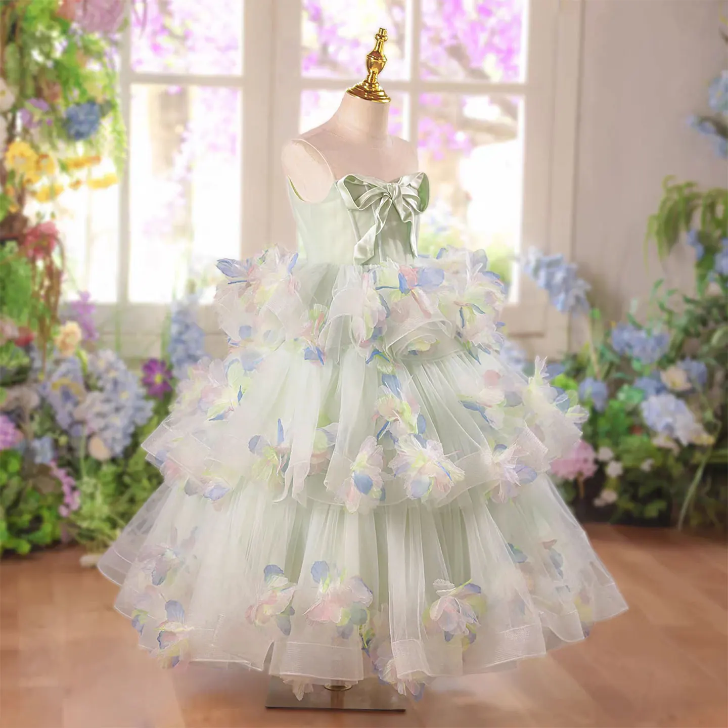 Jill Wish D346 Sage Green Flower Girl Dress with 3D Floral Petals, Layered Tulle Princess Party Gown for Kids Girls