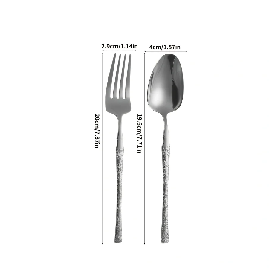 Image 7: Ensemble de couverts en acier inoxydable argenté de 16 pièces avec fourchettes et cuillères, manches martelés créatifs - comprend une cuillère à soupe et une cuillère à dîner
