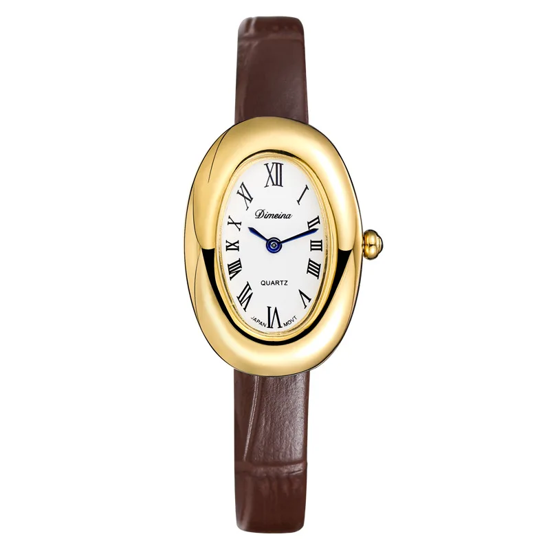 Ultra Thin Oval Quartz Watch Egg Shape Leather Strap Retro for Women with Vintage Style Pin Buckle Waterproof