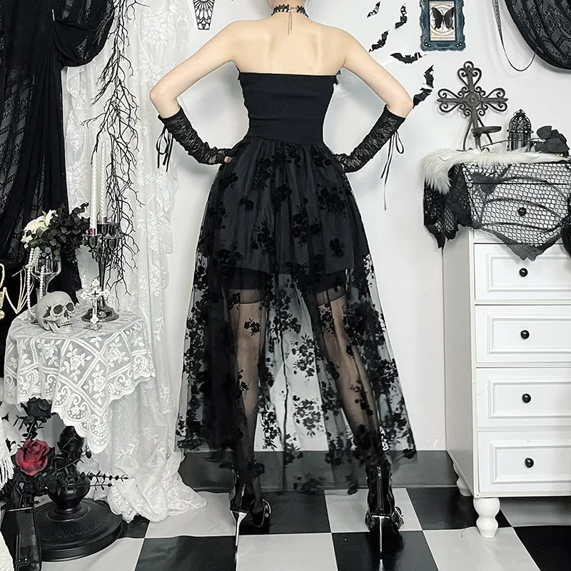 Goth Dark Florals Mesh Patchwork Strapless Party Dress Women Fairycore Wedding Gown Mall Gothic Single Breasted Lace-up Dresses - Image 4