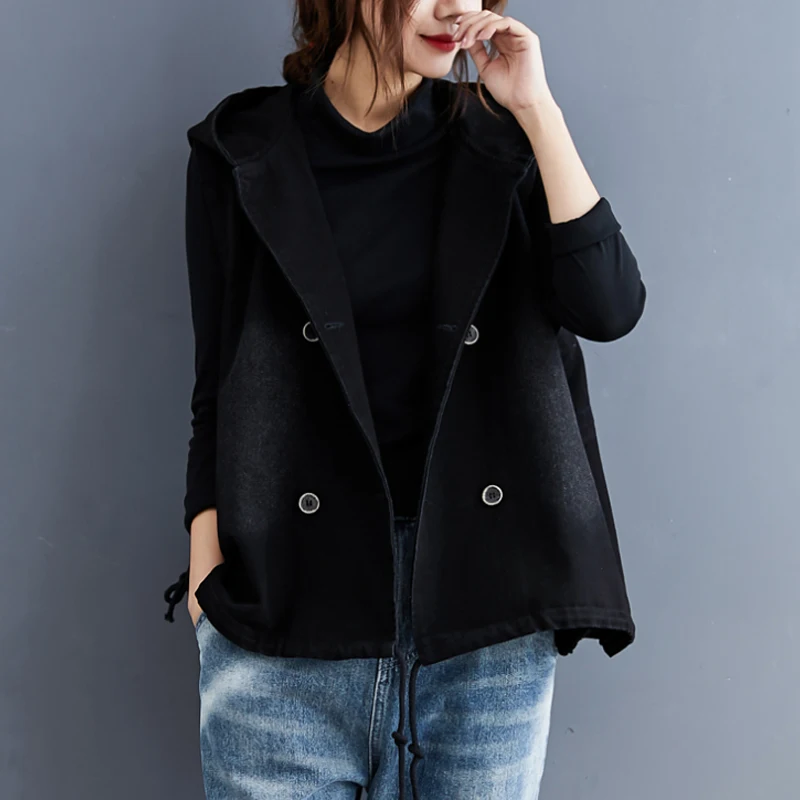 Elegant Women's Denim Vest Coat Double-Row Buttoned Hooded Jacket Commute Style Regular Thickness Pure Color Casual Outerwear