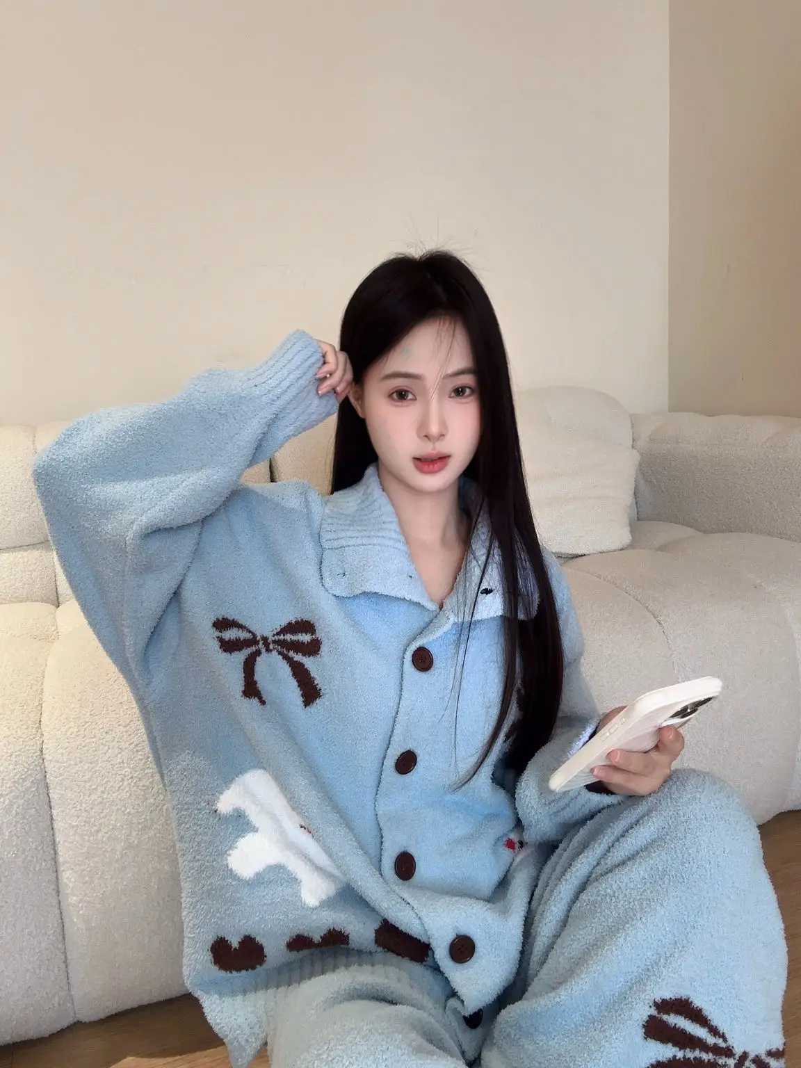 여성용 파자마 세트, 따뜻한 겨울 파자마, 니트 겨울 패션 홈웨어, 귀엽고 부드러운 파자마 세트