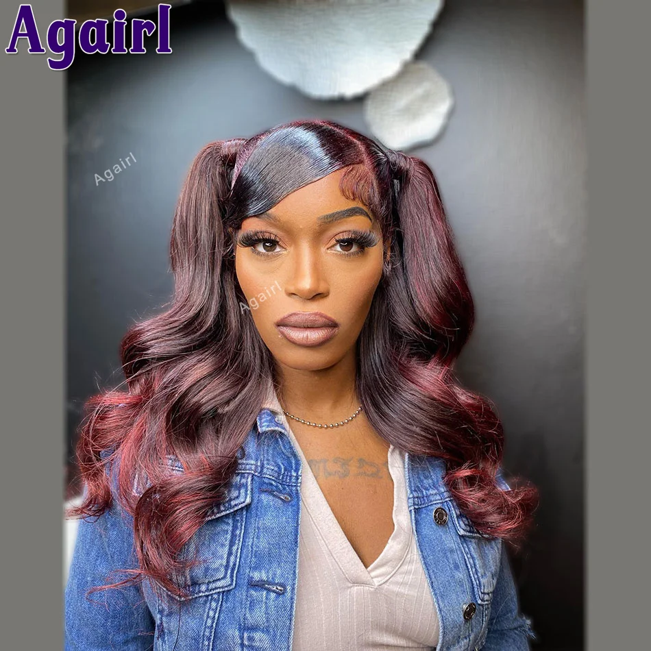 

Highlight Ombre 99J Colored Lace Front Human Hair Wigs For Women 13X6 Lace Frontal Wig PrePlucked 6x4 Lace Closure Body Wave Wig