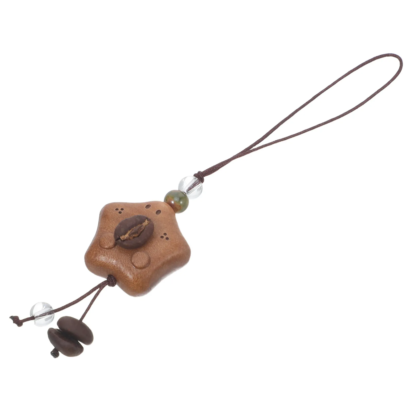 Wood Coffee Bean Pendant Hand Carved Rustic Keychain Car Rearview Mirror Purse Wall Hanging Decor