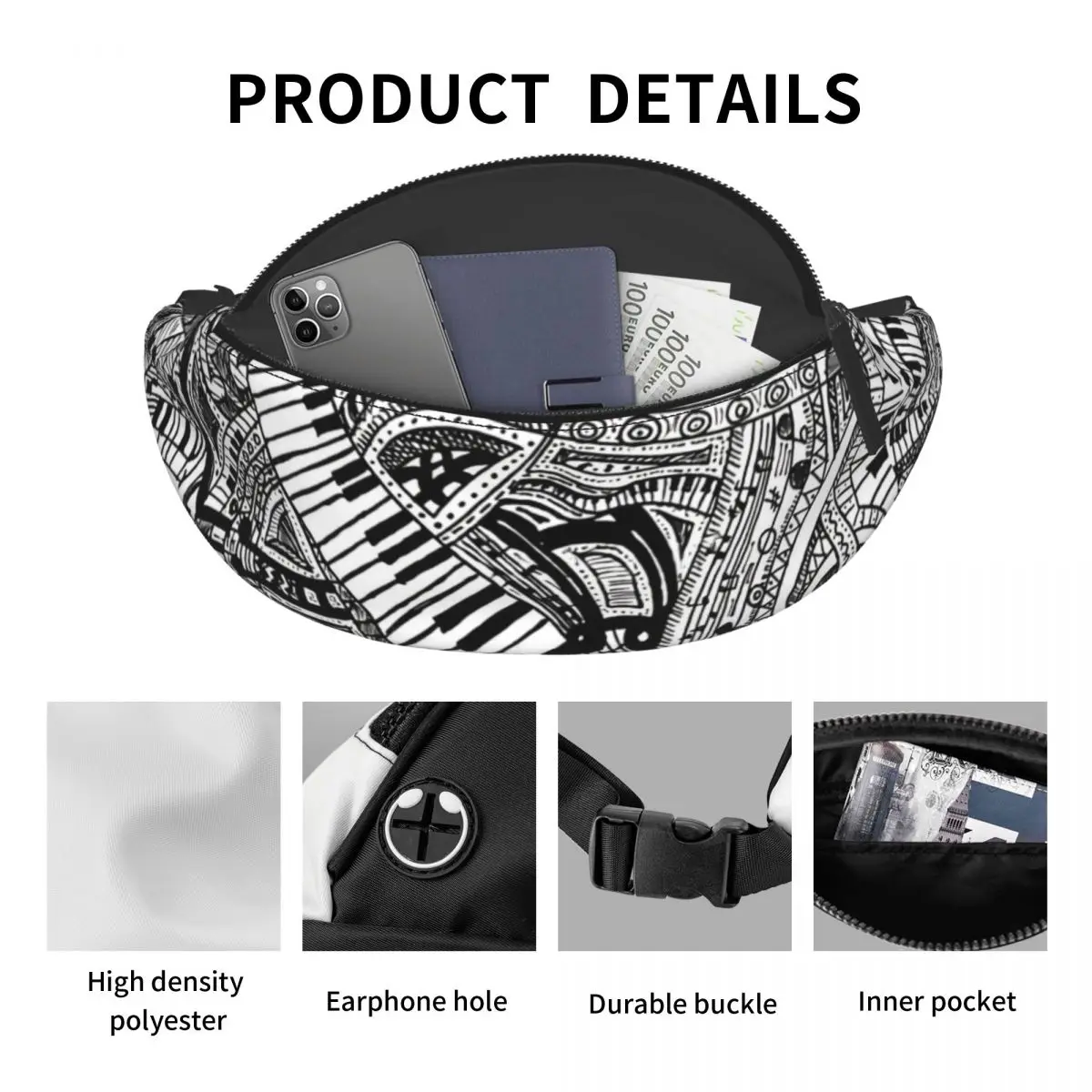 Gedrukt Taille Zakken Klassieke Muziek Doodle Met Piano Toetsenbord Mode Riem Tassen Man Vrouwen Sport Fanny Pack Ontwerp Banaan packs