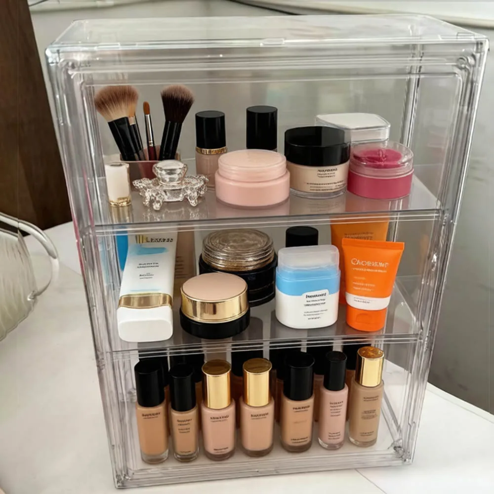 1 boîte de rangement transparente empilable avec couvercle magnétique, vitrine anti-poussière pour sacs, cosmétiques, objets de collection, Lego