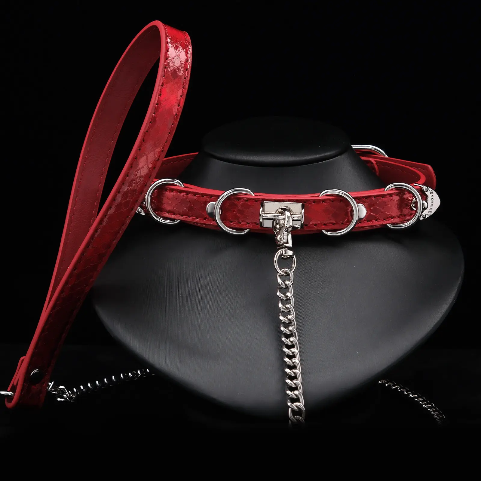 Red snake-pattern laser collar choker party decoration mask PUPPY plate genuine leather