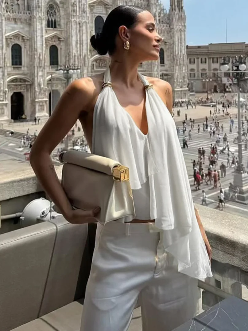 Chiffon Halter V Neck Ruffles Backless Slim Fit Crop Tank Top for Women Splice Style Loose Fit Three Acetate Fiber Pure Color