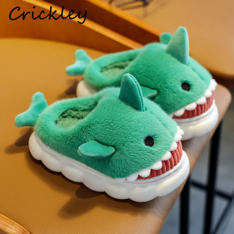 Winter Meisjes Jongens Slippers 2022 Cartoon Shark 3D Warm Pluche Kinderen Indoor Slippers Antislip Platform Slaapkamer Kids Huis Schoenen