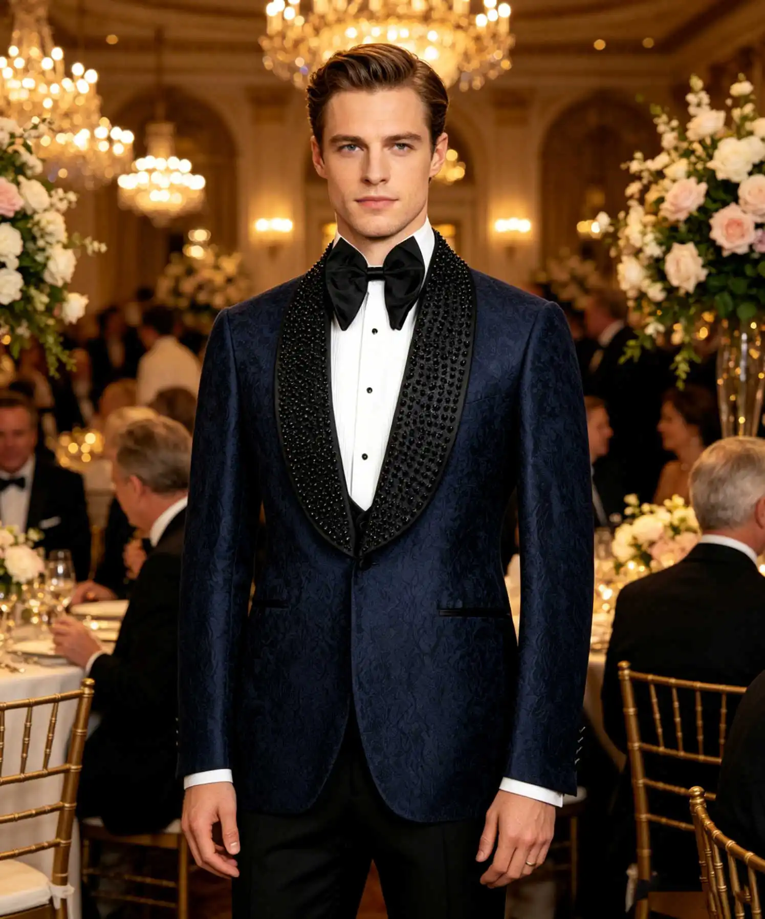 Elegant Men's 2-Piece Suit Beaded Lapel Dobby Blazer & Pants Formal Ensemble for Luxury Events & Gala Celebrations Customized