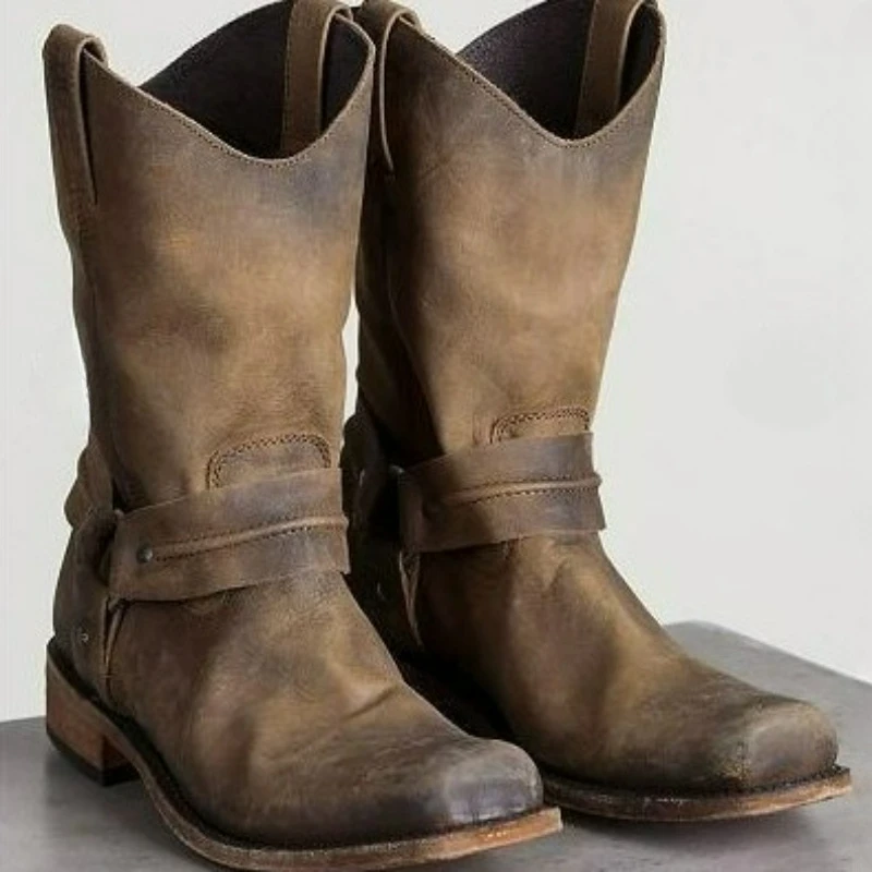 Men's Boots Retro Cowboy Boots Unisex Outdoor Comfortable Mid Calf Boots Plus Size Platform Shoes PU Leather Slip on Long Boot