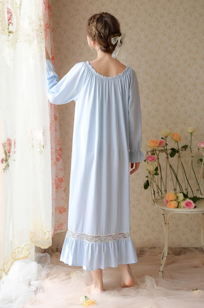 Sweet Lace Victorian Cotton Night Dress Women Vintage Nightgown Long Sleeve Princess Sleepwear Nightwear Lounge Dress Pajamas