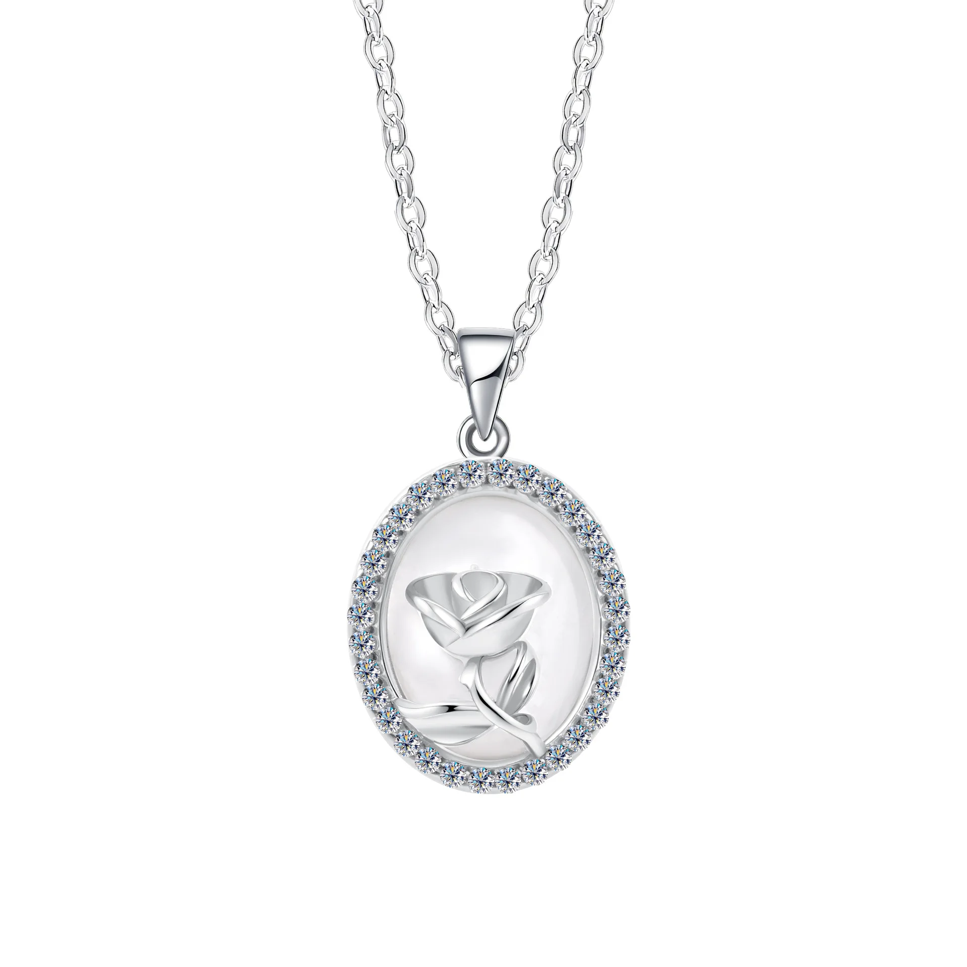 

Women's S925 Sterling Silver Oval Rose Pendant Necklace with 32 Moissanite Stones Collarbone Chain Jewelry Gift