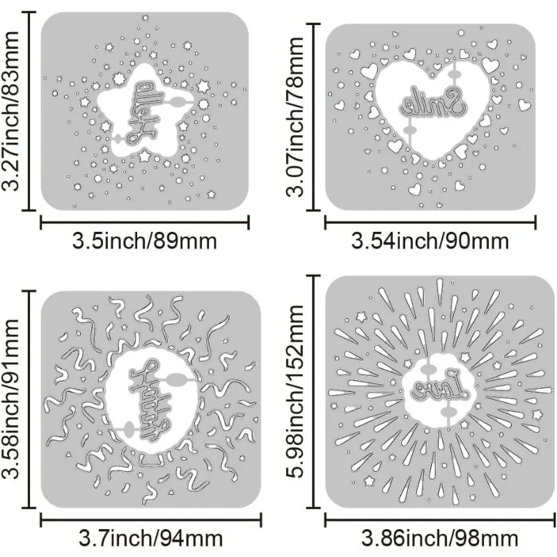 4szt Wydrążone konfetti Serca Gwiazdy Fajerwerki Tło Wykrojniki Hello Happy Love Uśmiech Błogosławieństwa Wykrojniki do majsterkowania