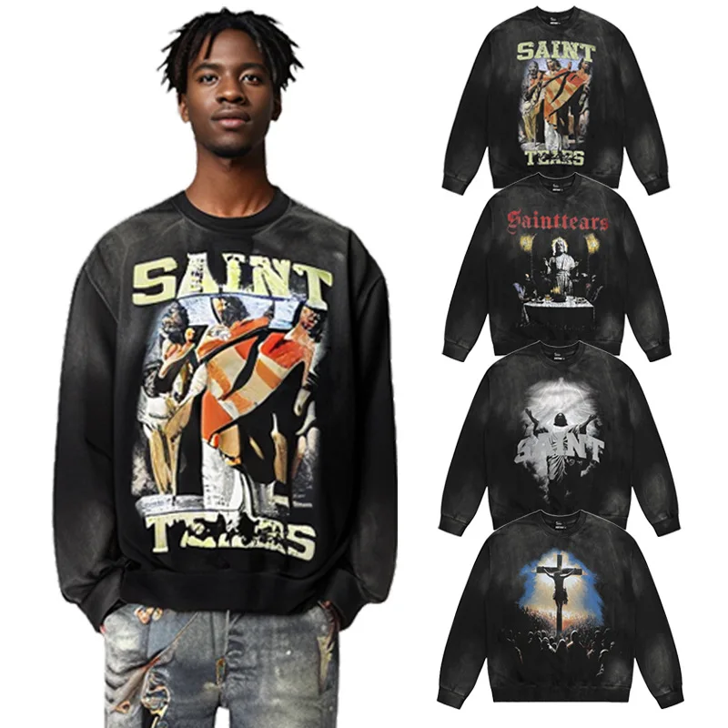 2024aw Saint Michael Tears Letter Logo Print Sweaters for Men Vintage Washed Oversized Hoodie Y2k Clothes Streetwear Clothing