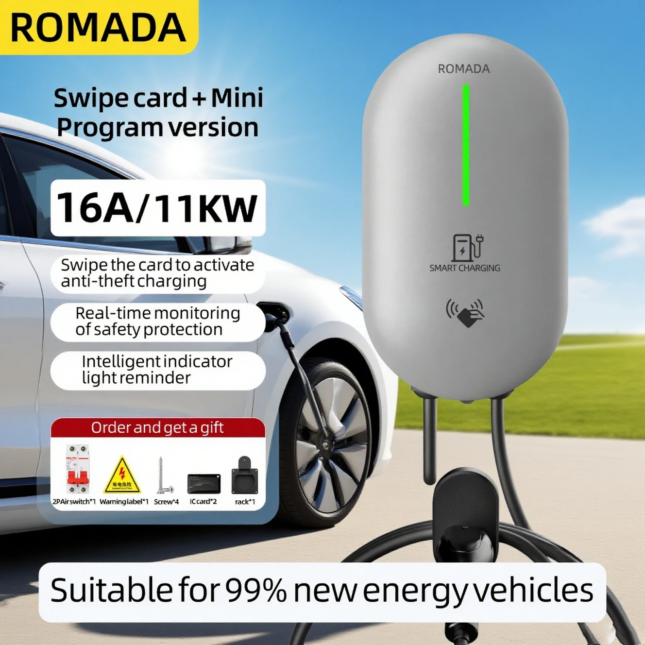 

ROMADA 16A 11KW 3-фазное зарядное устройство для электромобилей с кабелем IEC62196Type2, автомобильное розетка для зарядного устройства Wallbox с управлением через приложение для электромобилей
